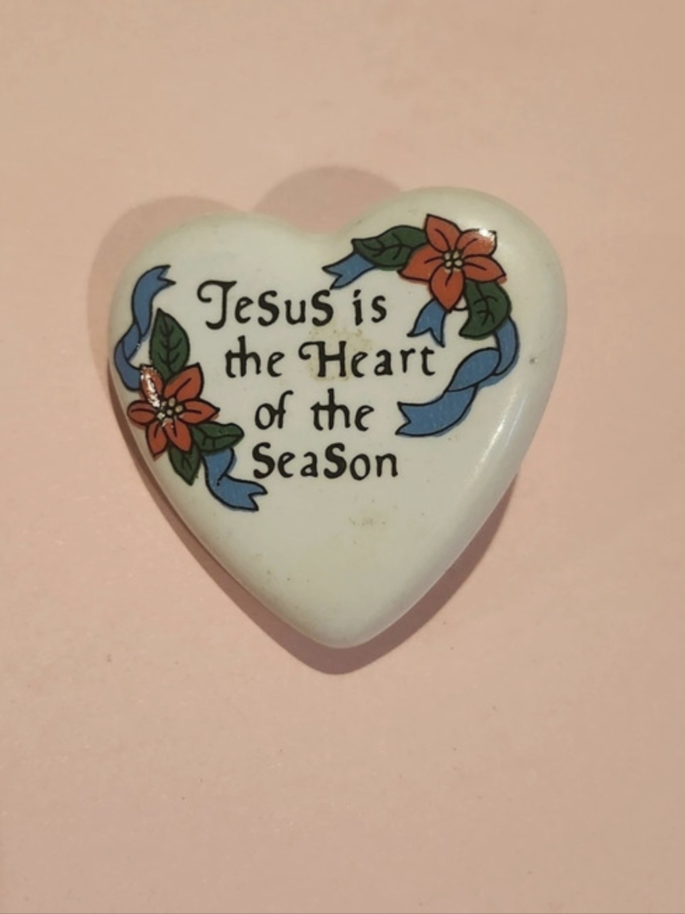 Jesus is the Heart of the Season Ceramic Heart Pin in Cream & Blue